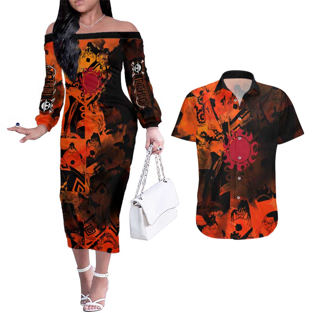 Jinbe One Piece Red and Black Theme Couples Matching Off The Shoulder Long Sleeve Dress and Hawaiian Shirt with Sun Pirates Emblem and Karate Pose Design - The Mazicc