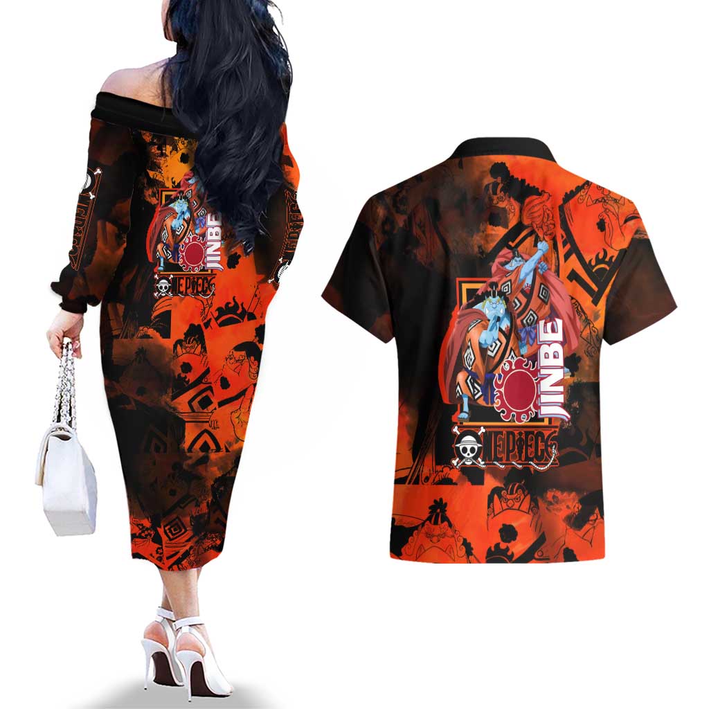 Jinbe One Piece Red and Black Theme Couples Matching Off The Shoulder Long Sleeve Dress and Hawaiian Shirt with Sun Pirates Emblem and Karate Pose Design - The Mazicc