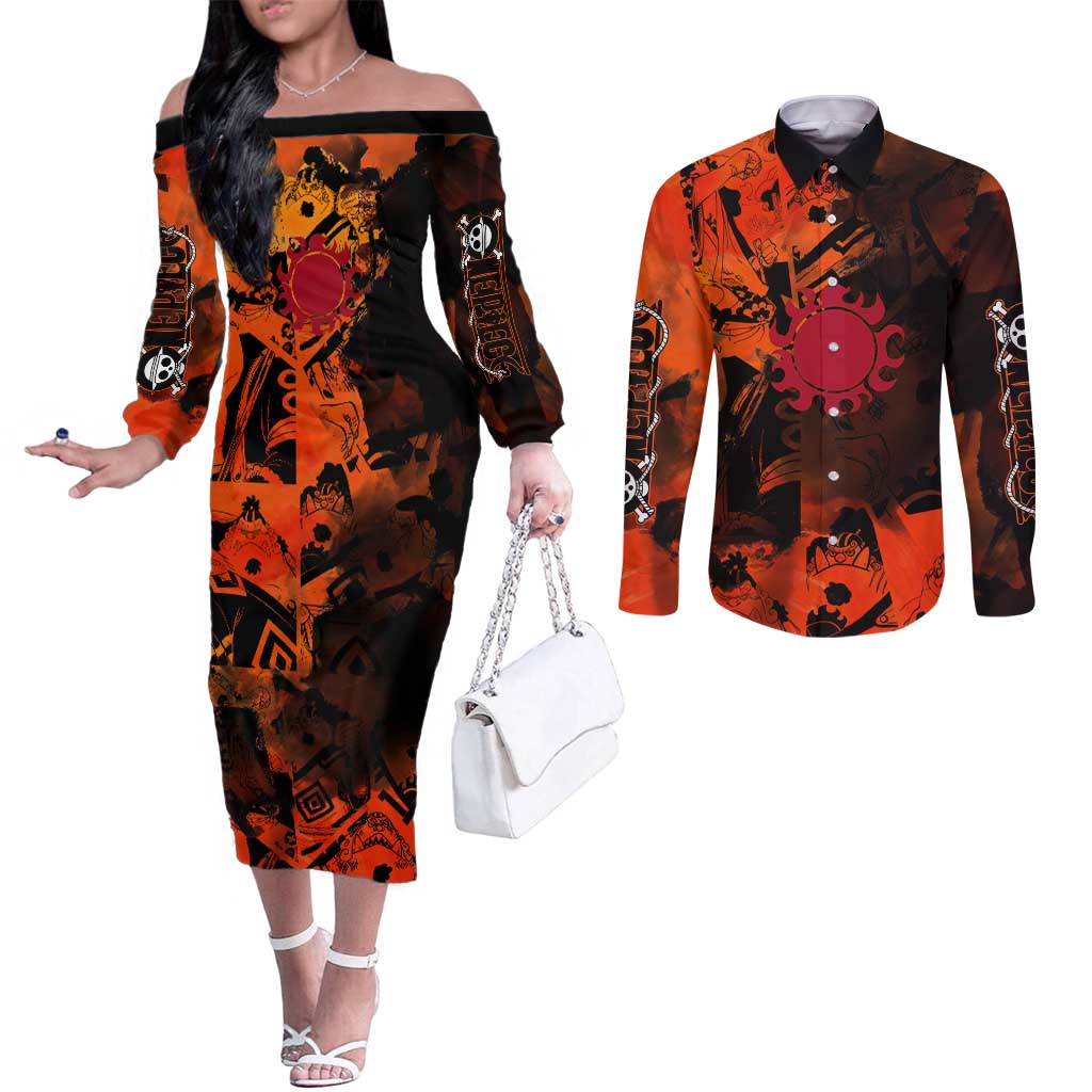 Jinbe One Piece Red and Black Theme Couples Matching Off The Shoulder Long Sleeve Dress and Long Sleeve Button Shirt with Sun Pirates Emblem and Karate Pose Design - The Mazicc