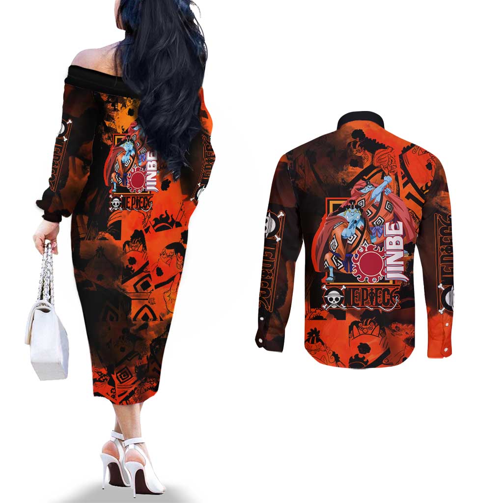 Jinbe One Piece Red and Black Theme Couples Matching Off The Shoulder Long Sleeve Dress and Long Sleeve Button Shirt with Sun Pirates Emblem and Karate Pose Design - The Mazicc
