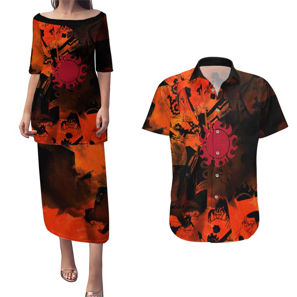 Jinbe One Piece Red and Black Theme Couples Matching Puletasi and Hawaiian Shirt with Sun Pirates Emblem and Karate Pose Design - The Mazicc