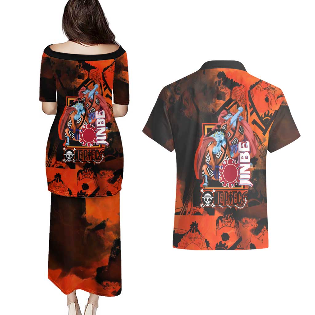Jinbe One Piece Red and Black Theme Couples Matching Puletasi and Hawaiian Shirt with Sun Pirates Emblem and Karate Pose Design - The Mazicc