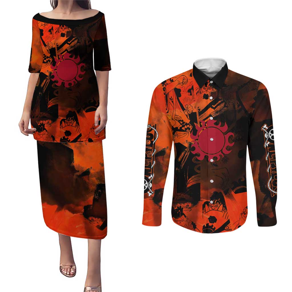 Jinbe One Piece Red and Black Theme Couples Matching Puletasi and Long Sleeve Button Shirt with Sun Pirates Emblem and Karate Pose Design - The Mazicc