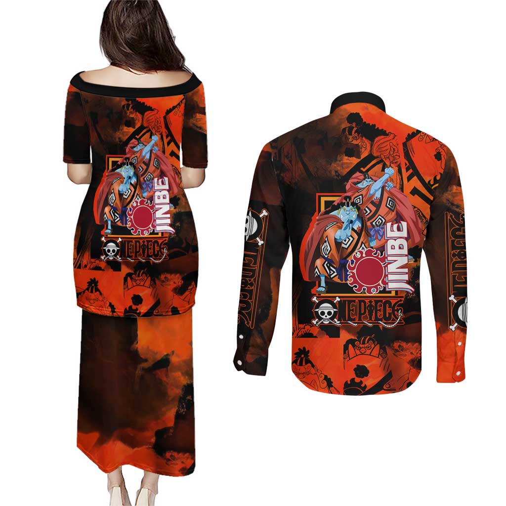 Jinbe One Piece Red and Black Theme Couples Matching Puletasi and Long Sleeve Button Shirt with Sun Pirates Emblem and Karate Pose Design - The Mazicc