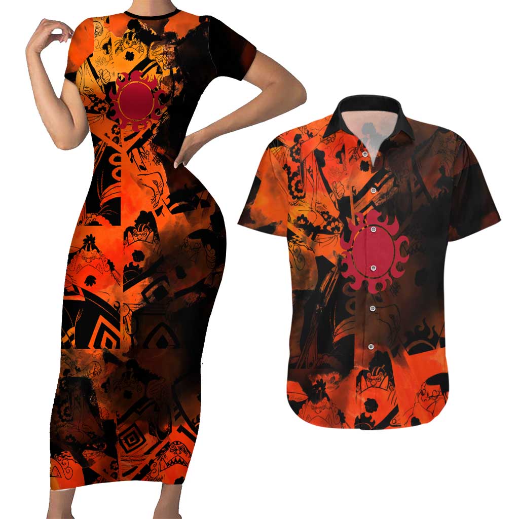 Jinbe One Piece Red and Black Theme Couples Matching Short Sleeve Bodycon Dress and Hawaiian Shirt with Sun Pirates Emblem and Karate Pose Design - The Mazicc
