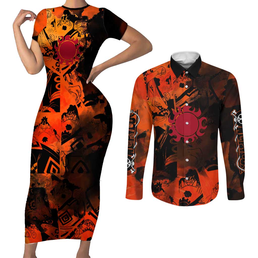 Jinbe One Piece Red and Black Theme Couples Matching Short Sleeve Bodycon Dress and Long Sleeve Button Shirt with Sun Pirates Emblem and Karate Pose Design - The Mazicc