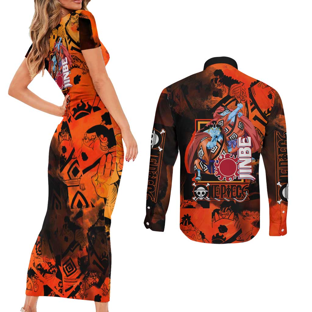 Jinbe One Piece Red and Black Theme Couples Matching Short Sleeve Bodycon Dress and Long Sleeve Button Shirt with Sun Pirates Emblem and Karate Pose Design - The Mazicc