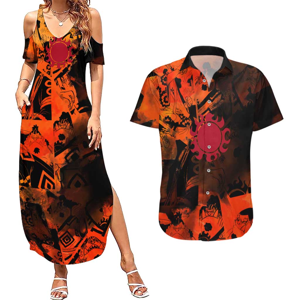 Jinbe One Piece Red and Black Theme Couples Matching Summer Maxi Dress and Hawaiian Shirt with Sun Pirates Emblem and Karate Pose Design - The Mazicc