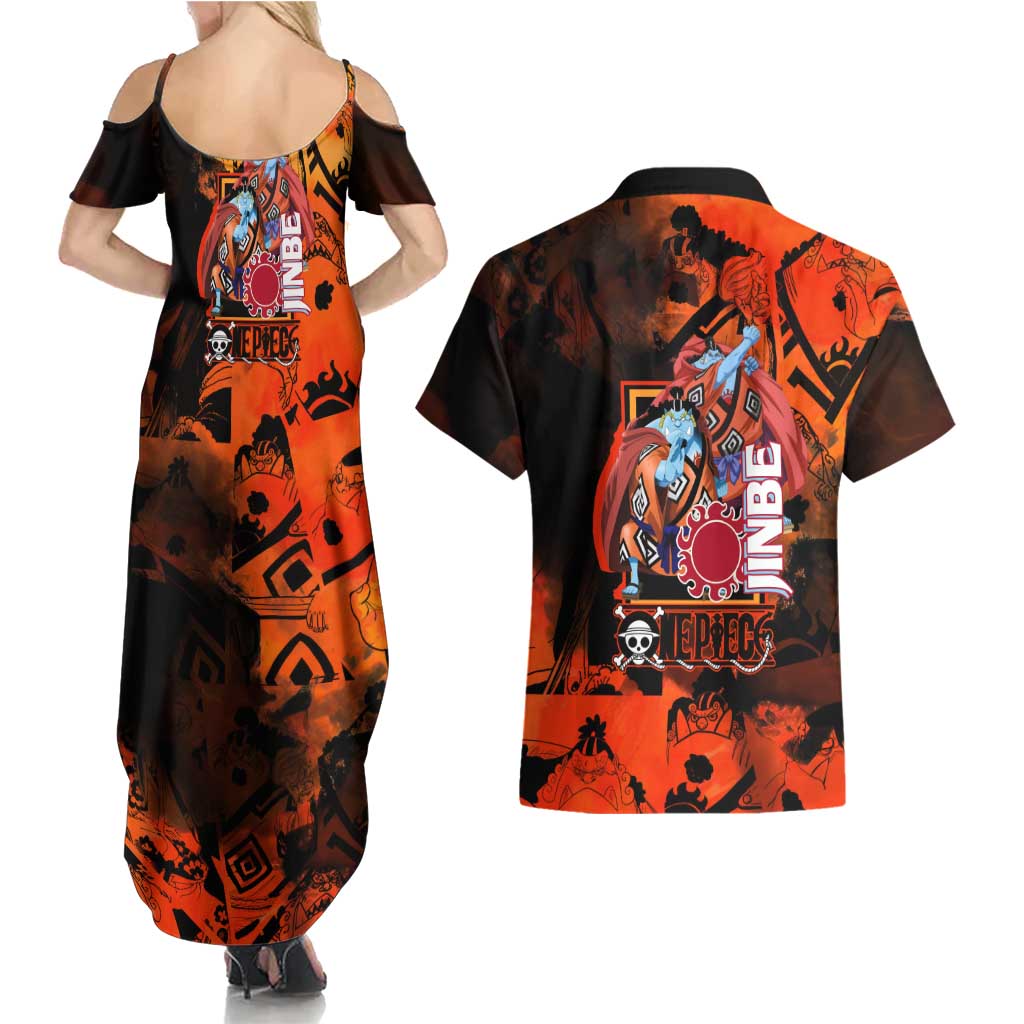 Jinbe One Piece Red and Black Theme Couples Matching Summer Maxi Dress and Hawaiian Shirt with Sun Pirates Emblem and Karate Pose Design - The Mazicc