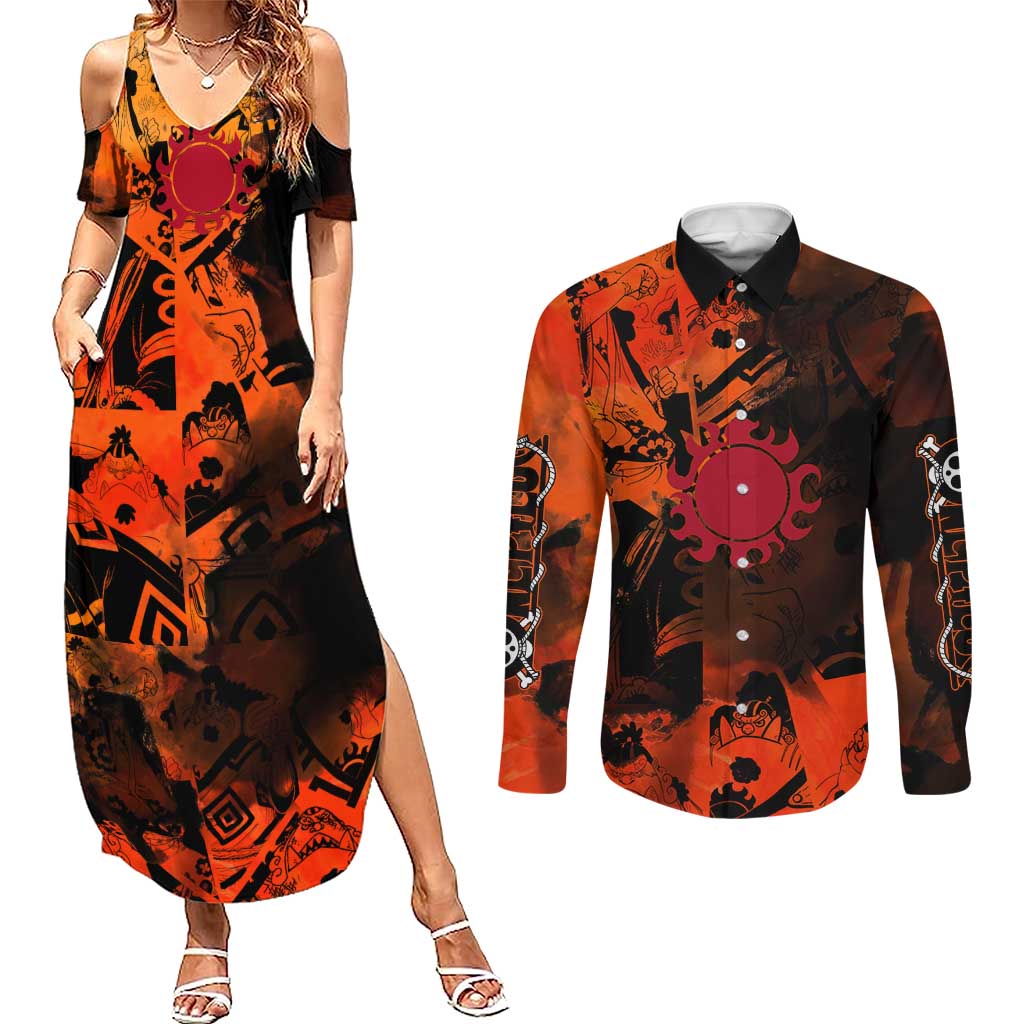 Jinbe One Piece Red and Black Theme Couples Matching Summer Maxi Dress and Long Sleeve Button Shirt with Sun Pirates Emblem and Karate Pose Design - The Mazicc