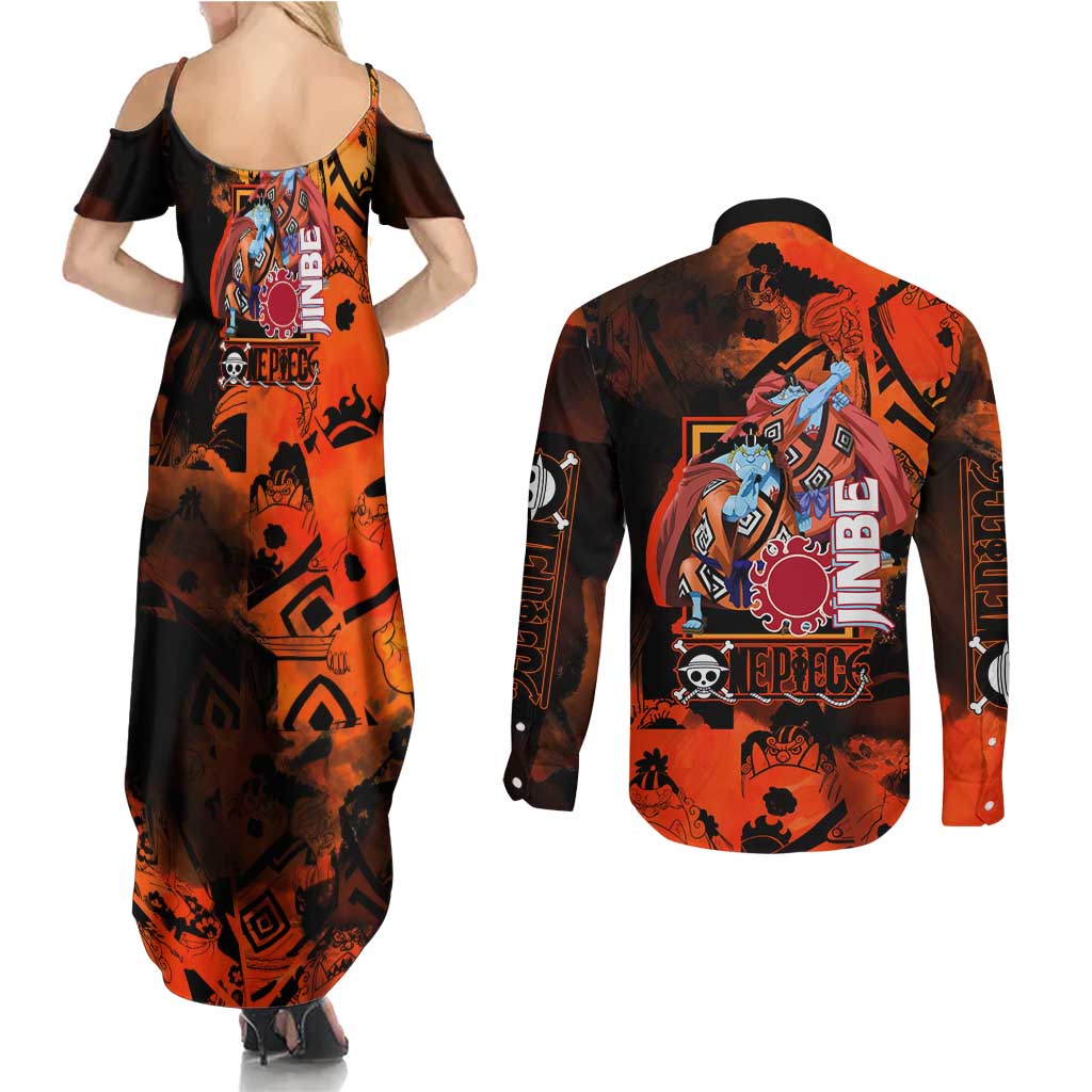 Jinbe One Piece Red and Black Theme Couples Matching Summer Maxi Dress and Long Sleeve Button Shirt with Sun Pirates Emblem and Karate Pose Design - The Mazicc