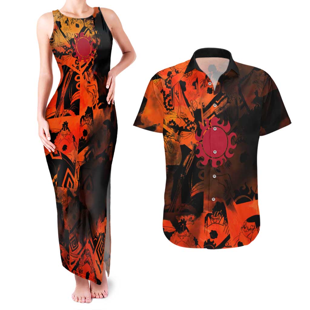 Jinbe One Piece Red and Black Theme Couples Matching Tank Maxi Dress and Hawaiian Shirt with Sun Pirates Emblem and Karate Pose Design - The Mazicc