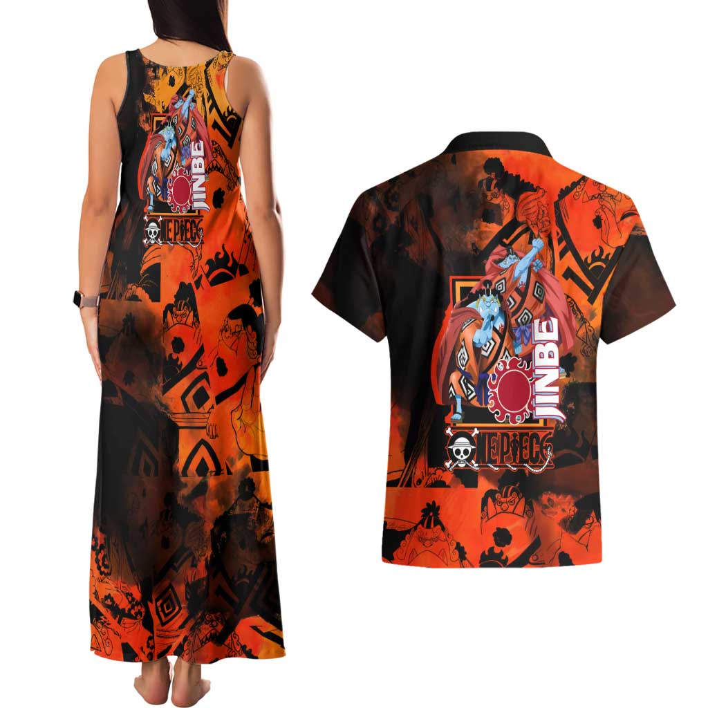 Jinbe One Piece Red and Black Theme Couples Matching Tank Maxi Dress and Hawaiian Shirt with Sun Pirates Emblem and Karate Pose Design - The Mazicc