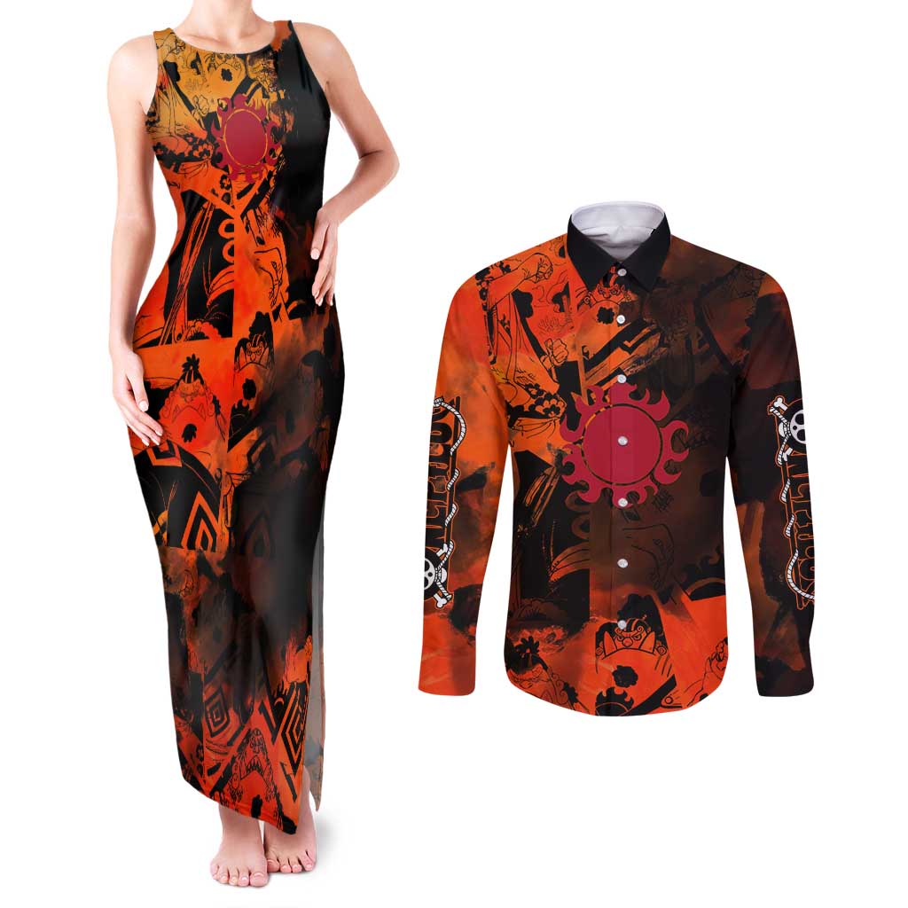 Jinbe One Piece Red and Black Theme Couples Matching Tank Maxi Dress and Long Sleeve Button Shirt with Sun Pirates Emblem and Karate Pose Design - The Mazicc