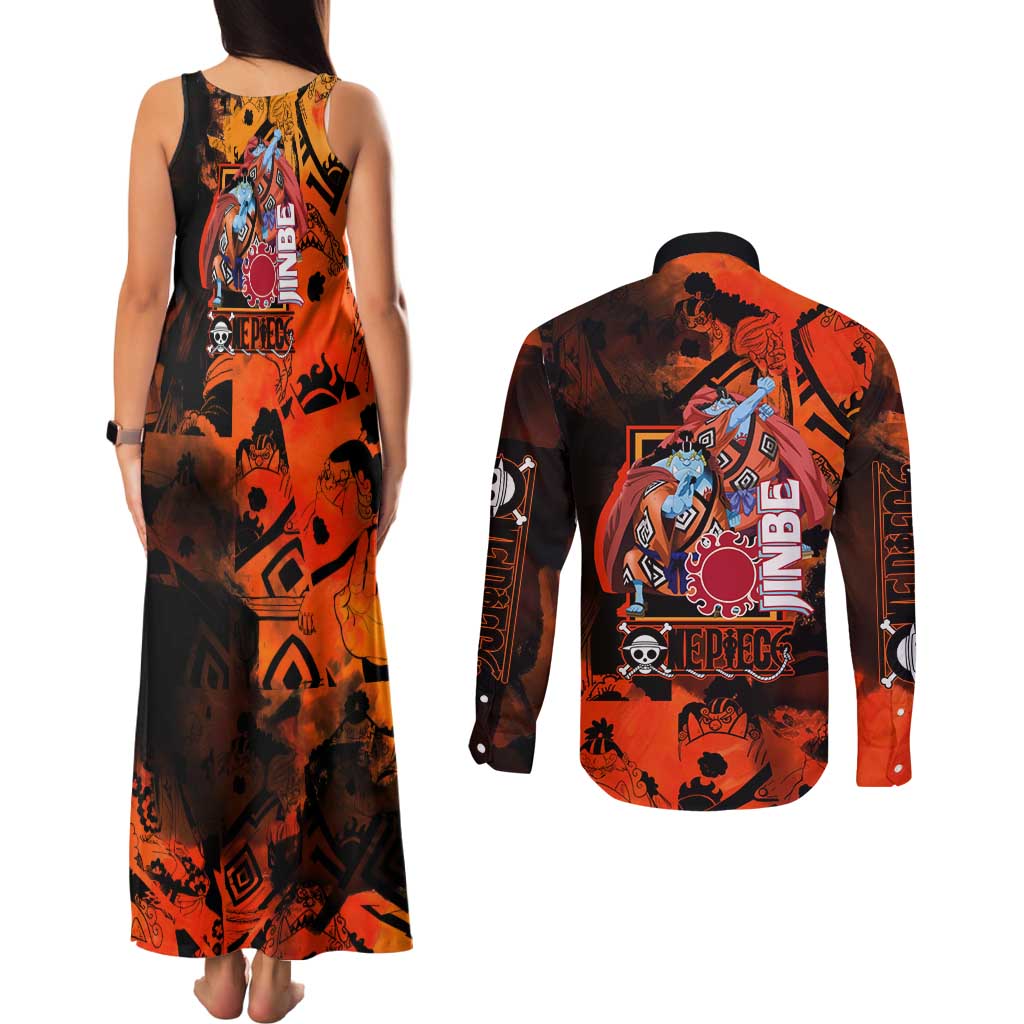 Jinbe One Piece Red and Black Theme Couples Matching Tank Maxi Dress and Long Sleeve Button Shirt with Sun Pirates Emblem and Karate Pose Design - The Mazicc