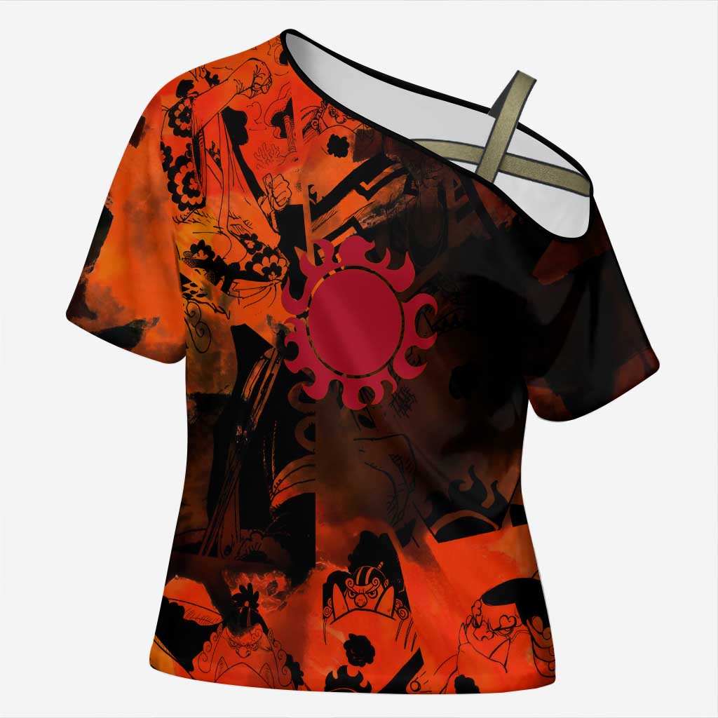 Jinbe One Piece Red and Black Theme Cross Shoulder Shirt with Sun Pirates Emblem and Karate Pose Design - The Mazicc