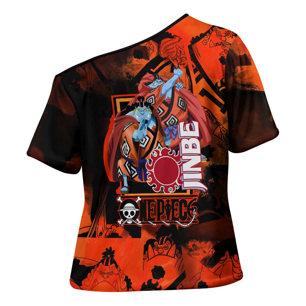 Jinbe One Piece Red and Black Theme Cross Shoulder Shirt with Sun Pirates Emblem and Karate Pose Design - The Mazicc