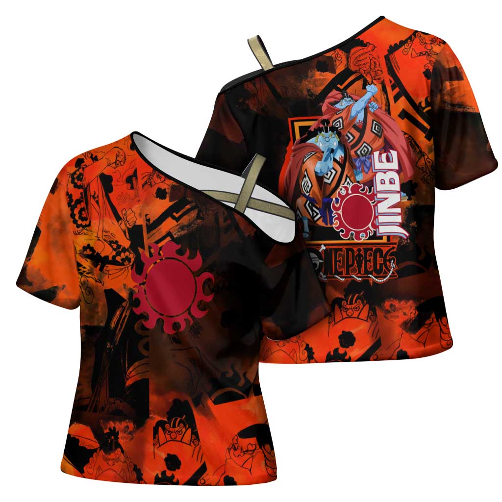 Jinbe One Piece Red and Black Theme Cross Shoulder Shirt with Sun Pirates Emblem and Karate Pose Design - The Mazicc