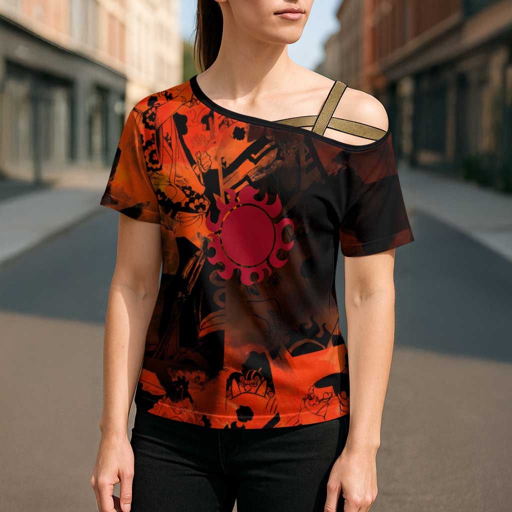 Jinbe One Piece Red and Black Theme Cross Shoulder Shirt with Sun Pirates Emblem and Karate Pose Design - The Mazicc