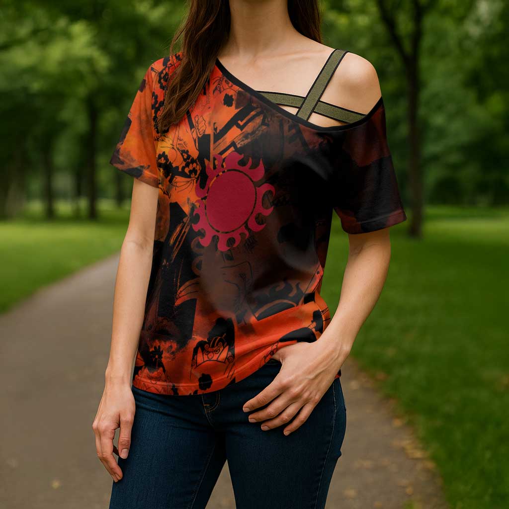 Jinbe One Piece Red and Black Theme Cross Shoulder Shirt with Sun Pirates Emblem and Karate Pose Design - The Mazicc