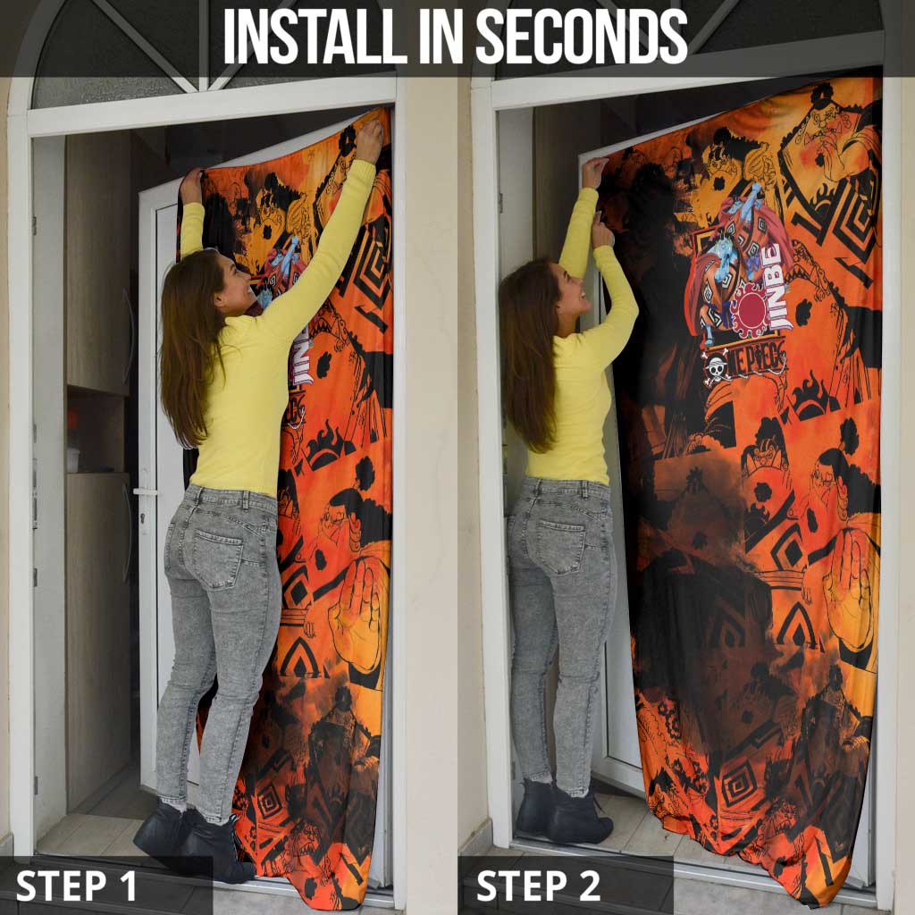 Jinbe One Piece Red and Black Theme Door Cover with Sun Pirates Emblem and Karate Pose Design - The Mazicc