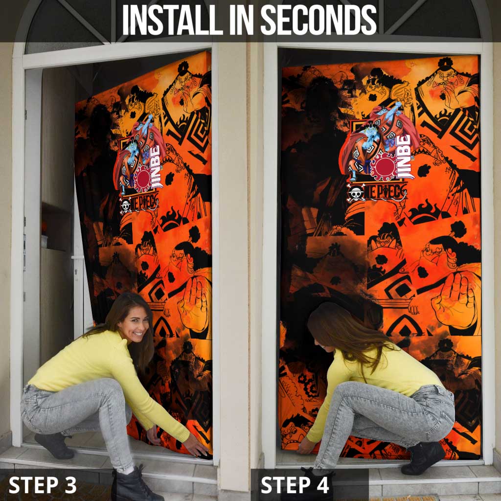 Jinbe One Piece Red and Black Theme Door Cover with Sun Pirates Emblem and Karate Pose Design - The Mazicc