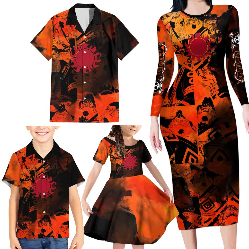 Jinbe One Piece Red and Black Theme Family Matching Long Sleeve Bodycon Dress and Hawaiian Shirt with Sun Pirates Emblem and Karate Pose Design
