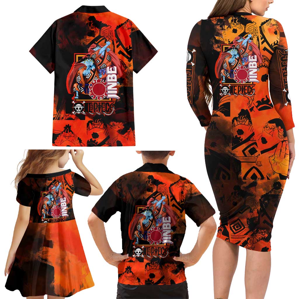 Jinbe One Piece Red and Black Theme Family Matching Long Sleeve Bodycon Dress and Hawaiian Shirt with Sun Pirates Emblem and Karate Pose Design