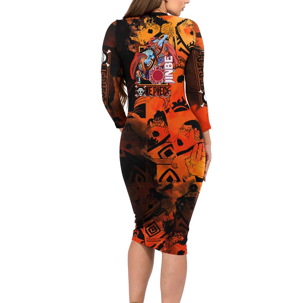 Jinbe One Piece Red and Black Theme Family Matching Long Sleeve Bodycon Dress and Hawaiian Shirt with Sun Pirates Emblem and Karate Pose Design
