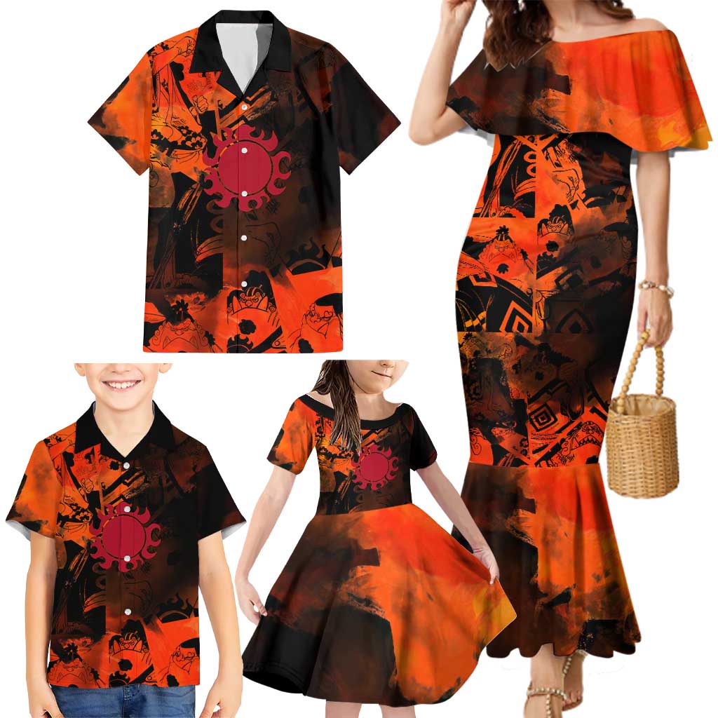 Jinbe One Piece Red and Black Theme Family Matching Mermaid Dress and Hawaiian Shirt with Sun Pirates Emblem and Karate Pose Design