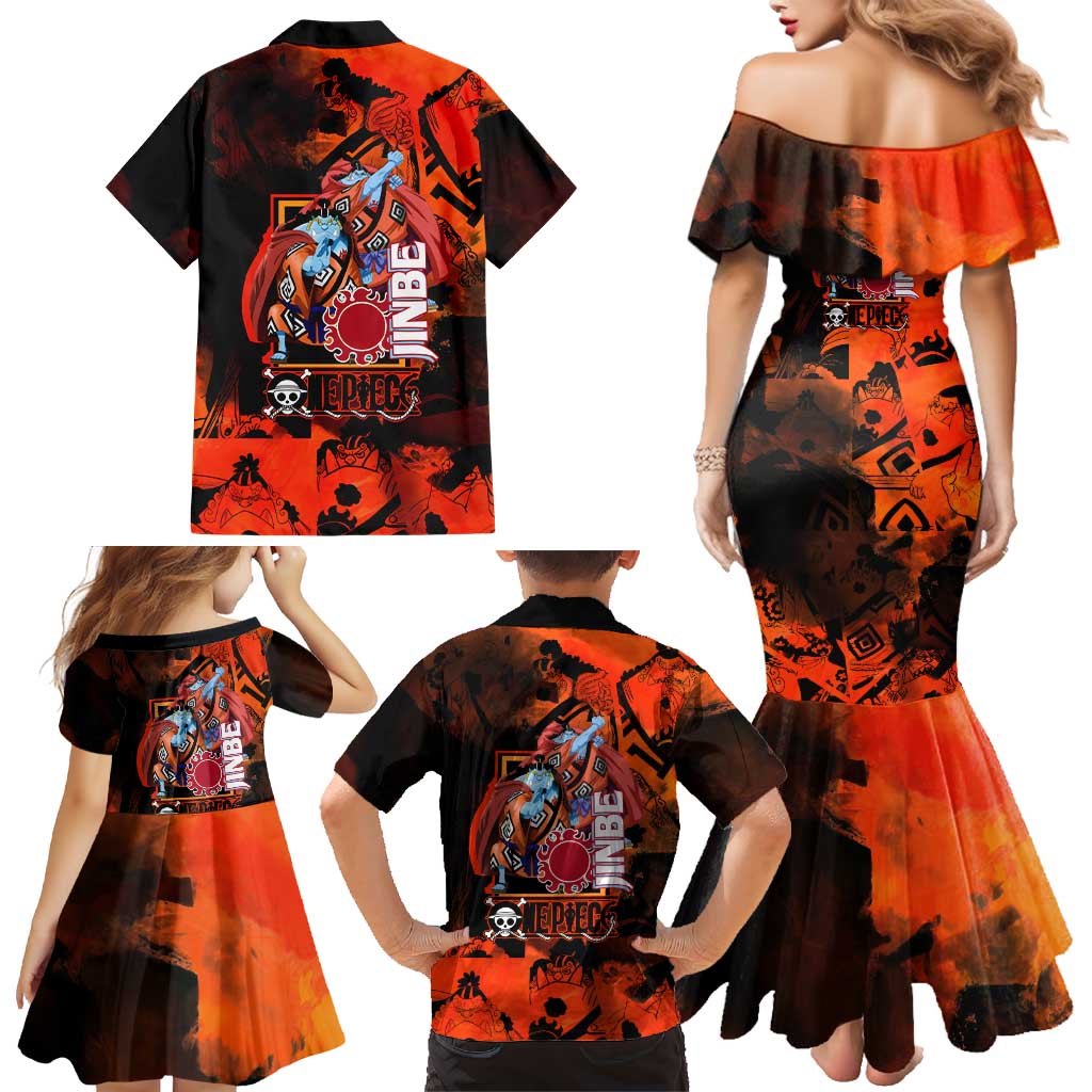 Jinbe One Piece Red and Black Theme Family Matching Mermaid Dress and Hawaiian Shirt with Sun Pirates Emblem and Karate Pose Design