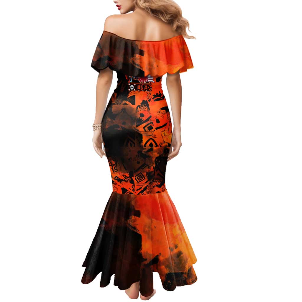 Jinbe One Piece Red and Black Theme Family Matching Mermaid Dress and Hawaiian Shirt with Sun Pirates Emblem and Karate Pose Design