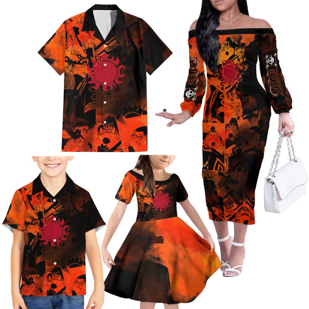 Jinbe One Piece Red and Black Theme Family Matching Off The Shoulder Long Sleeve Dress and Hawaiian Shirt with Sun Pirates Emblem and Karate Pose Design