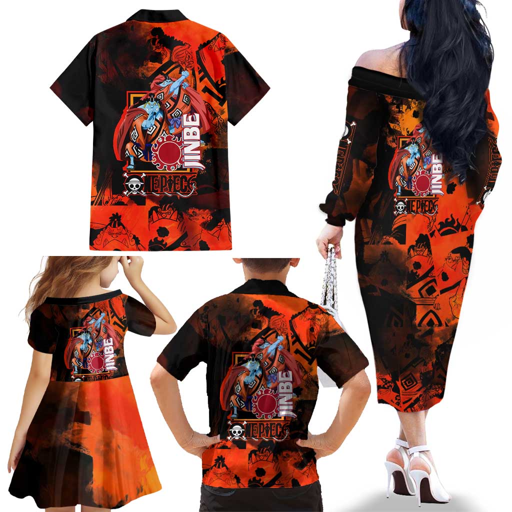Jinbe One Piece Red and Black Theme Family Matching Off The Shoulder Long Sleeve Dress and Hawaiian Shirt with Sun Pirates Emblem and Karate Pose Design