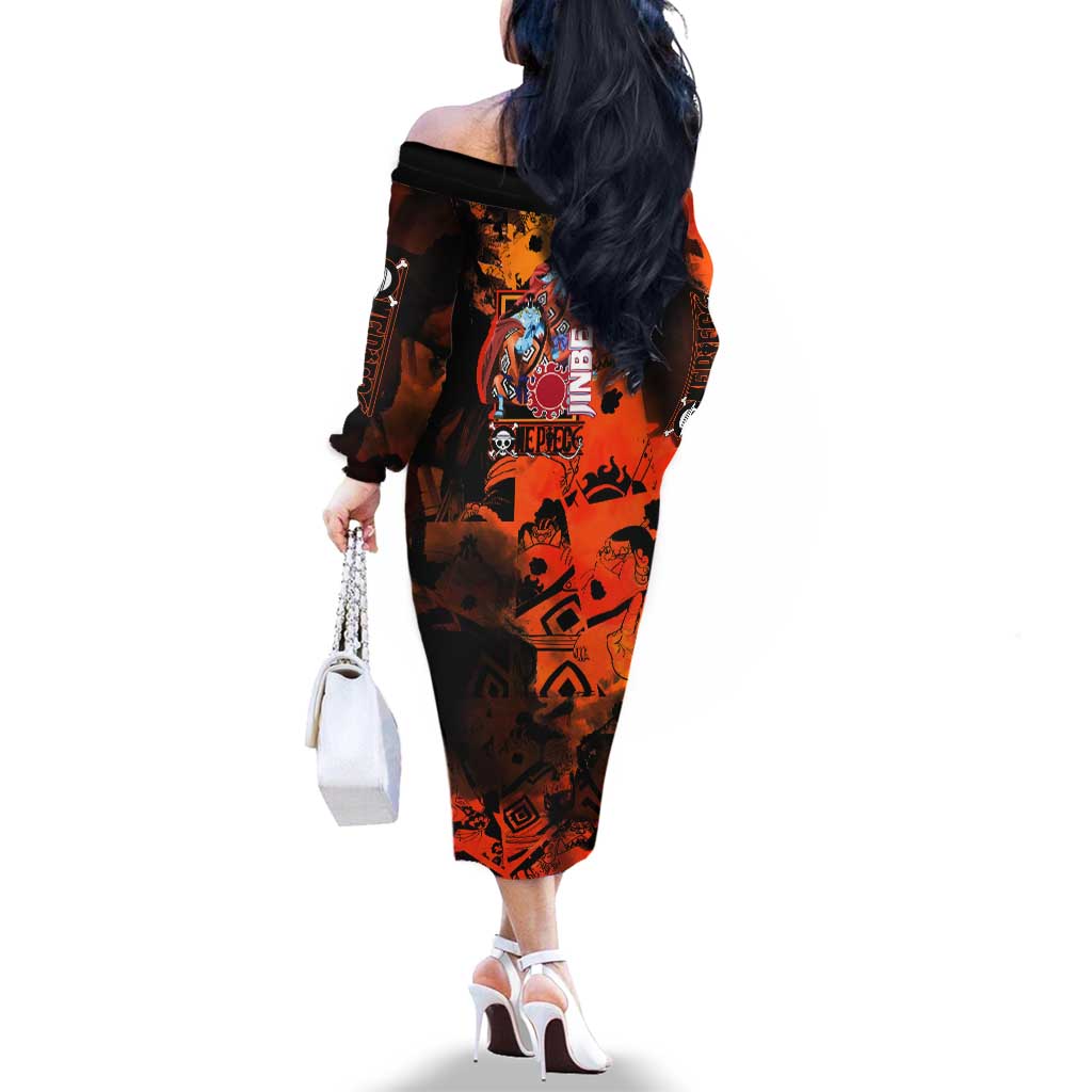 Jinbe One Piece Red and Black Theme Family Matching Off The Shoulder Long Sleeve Dress and Hawaiian Shirt with Sun Pirates Emblem and Karate Pose Design