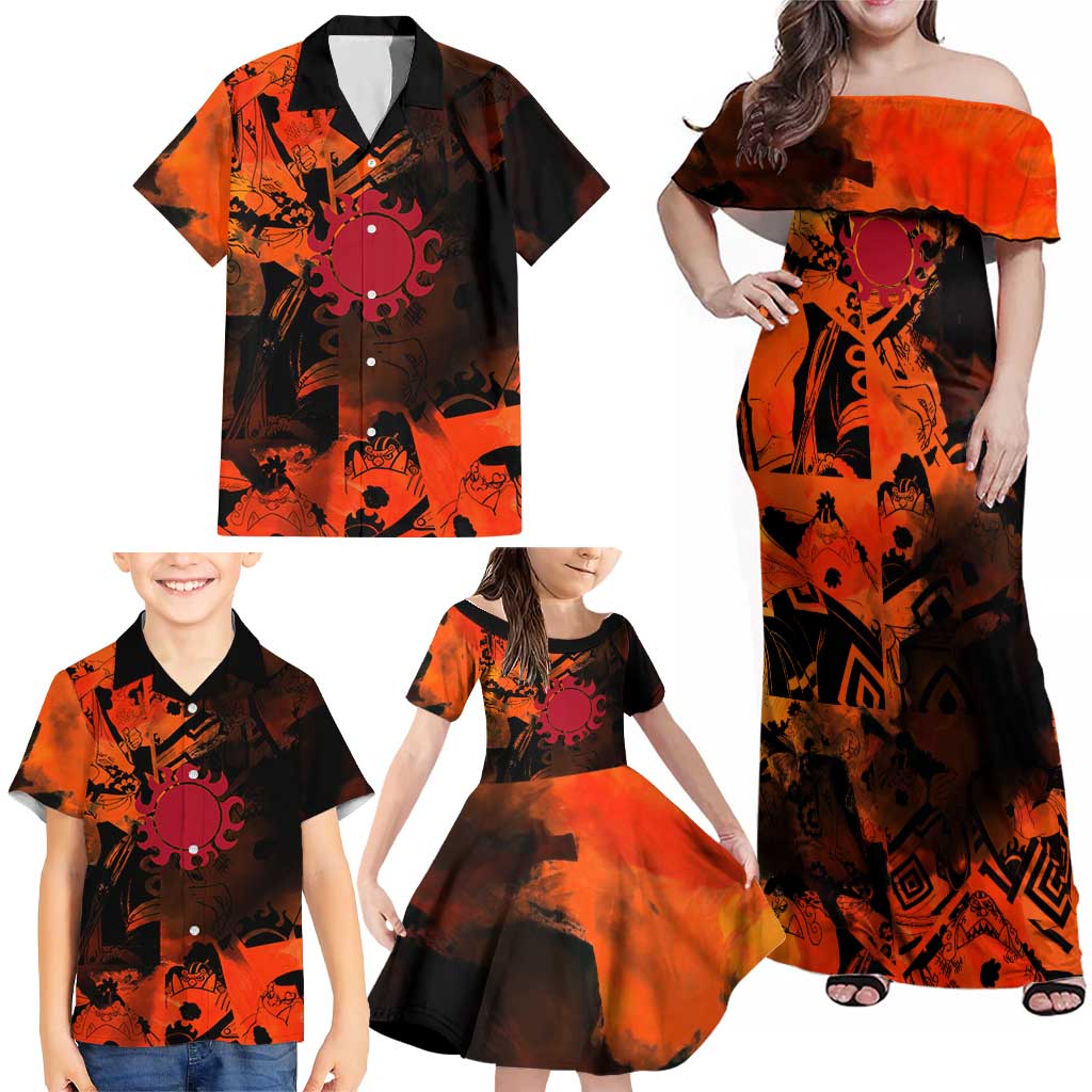 Jinbe One Piece Red and Black Theme Family Matching Off Shoulder Maxi Dress and Hawaiian Shirt with Sun Pirates Emblem and Karate Pose Design