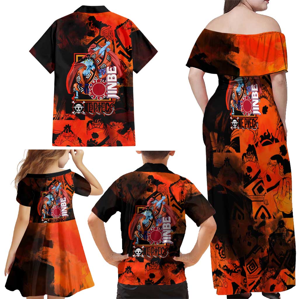 Jinbe One Piece Red and Black Theme Family Matching Off Shoulder Maxi Dress and Hawaiian Shirt with Sun Pirates Emblem and Karate Pose Design