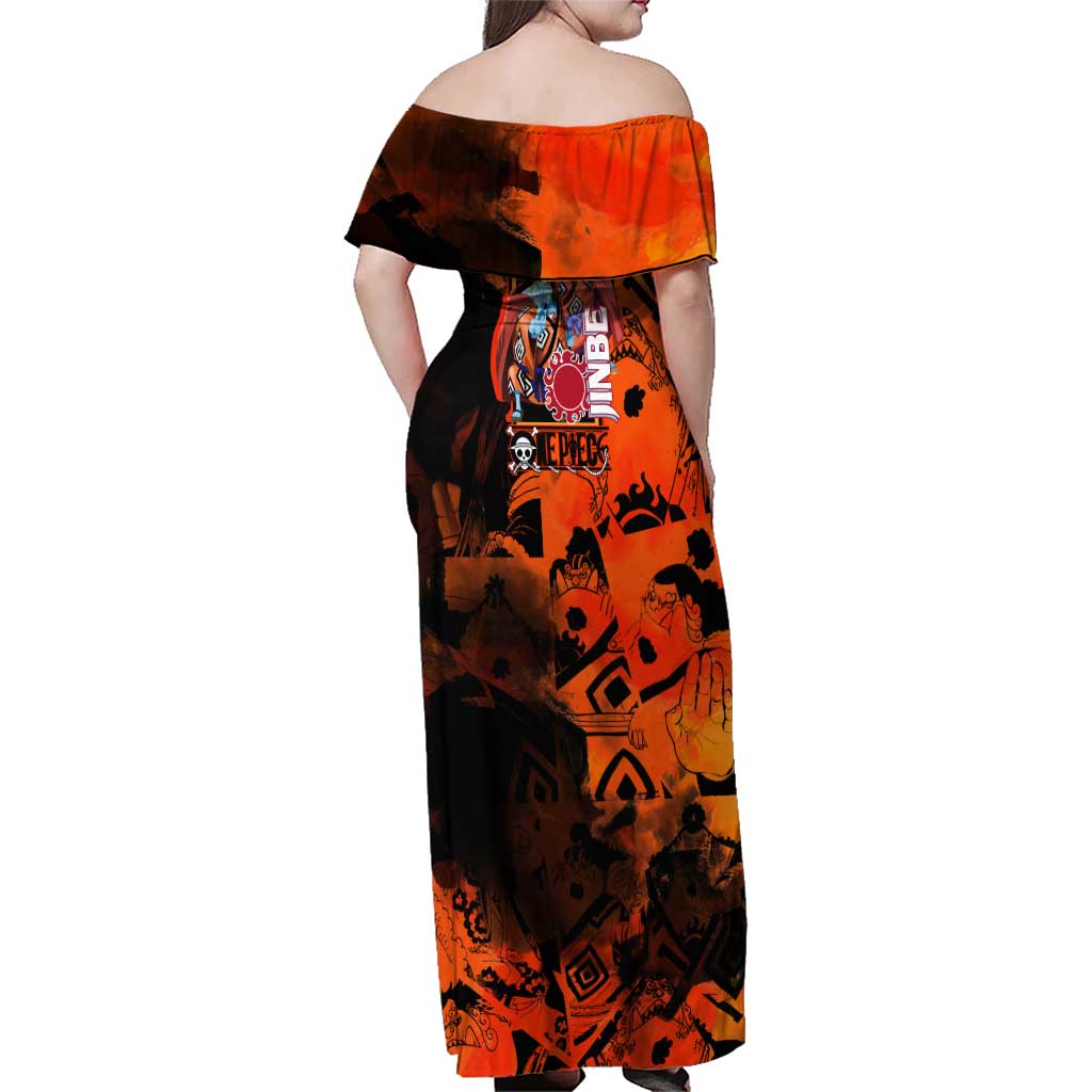 Jinbe One Piece Red and Black Theme Family Matching Off Shoulder Maxi Dress and Hawaiian Shirt with Sun Pirates Emblem and Karate Pose Design