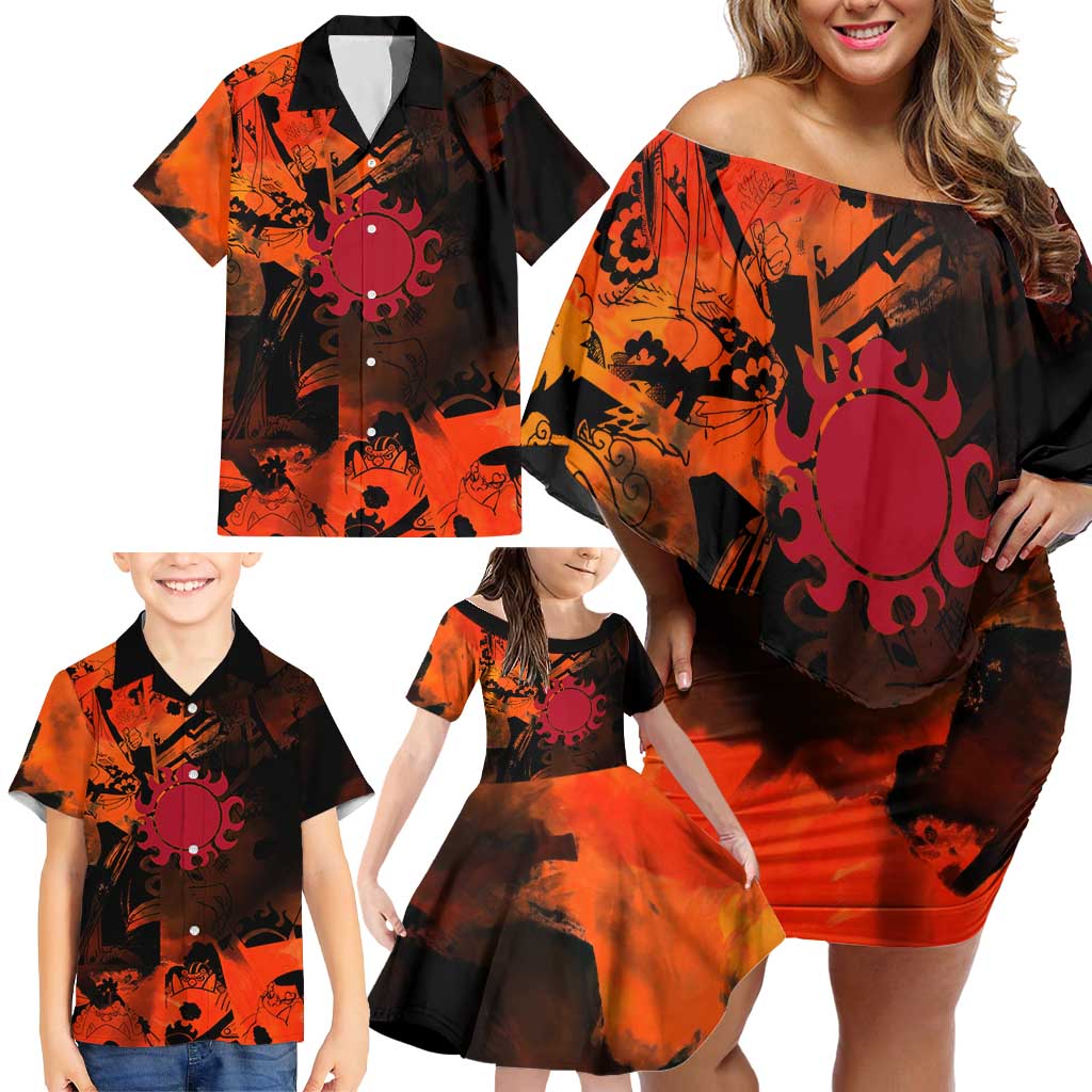 Jinbe One Piece Red and Black Theme Family Matching Off Shoulder Short Dress and Hawaiian Shirt with Sun Pirates Emblem and Karate Pose Design