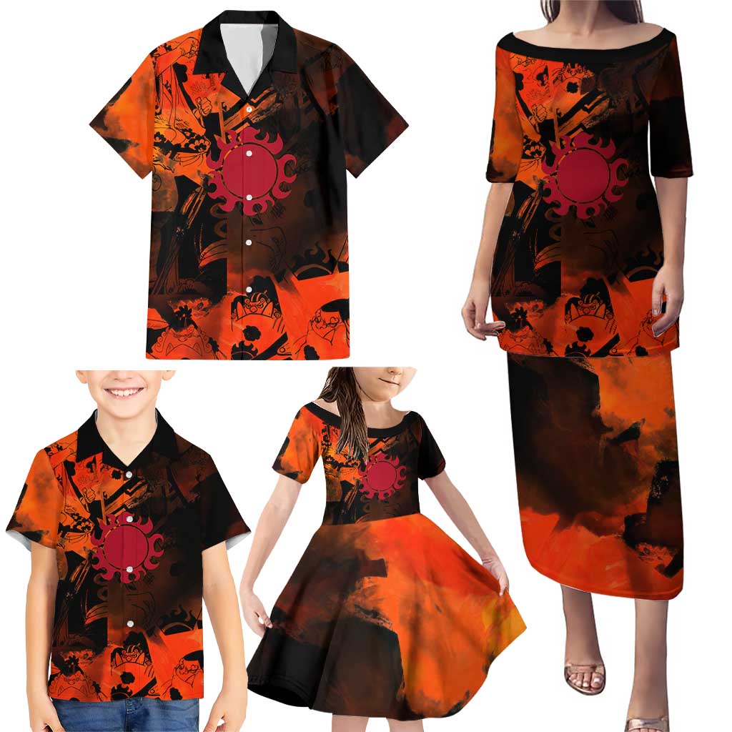 Jinbe One Piece Red and Black Theme Family Matching Puletasi and Hawaiian Shirt with Sun Pirates Emblem and Karate Pose Design
