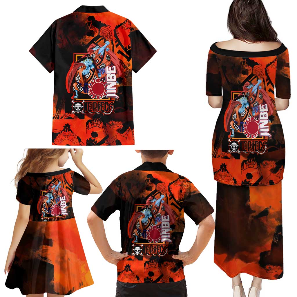 Jinbe One Piece Red and Black Theme Family Matching Puletasi and Hawaiian Shirt with Sun Pirates Emblem and Karate Pose Design