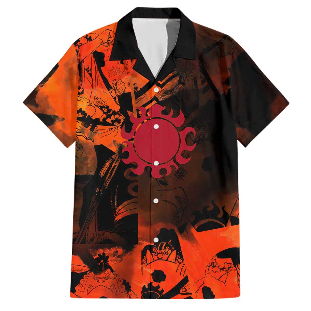 Jinbe One Piece Red and Black Theme Family Matching Puletasi and Hawaiian Shirt with Sun Pirates Emblem and Karate Pose Design