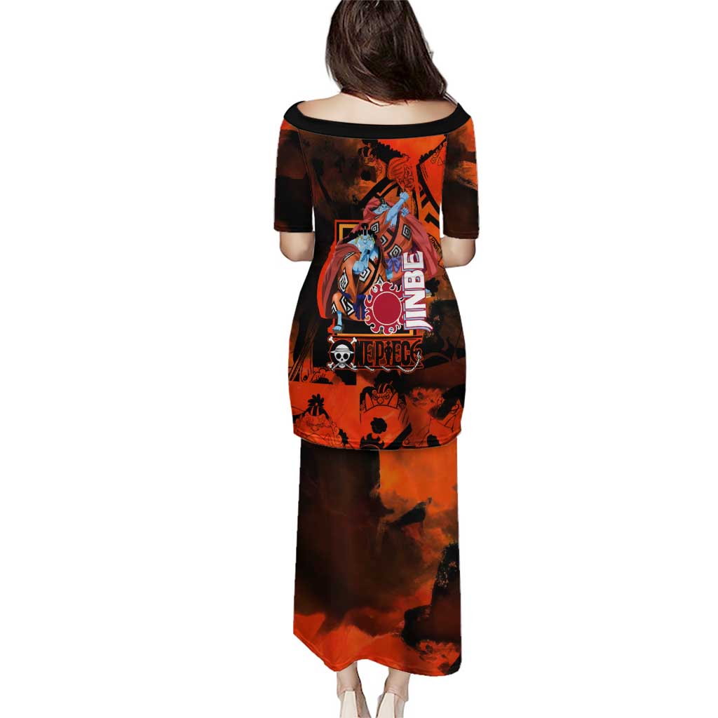 Jinbe One Piece Red and Black Theme Family Matching Puletasi and Hawaiian Shirt with Sun Pirates Emblem and Karate Pose Design