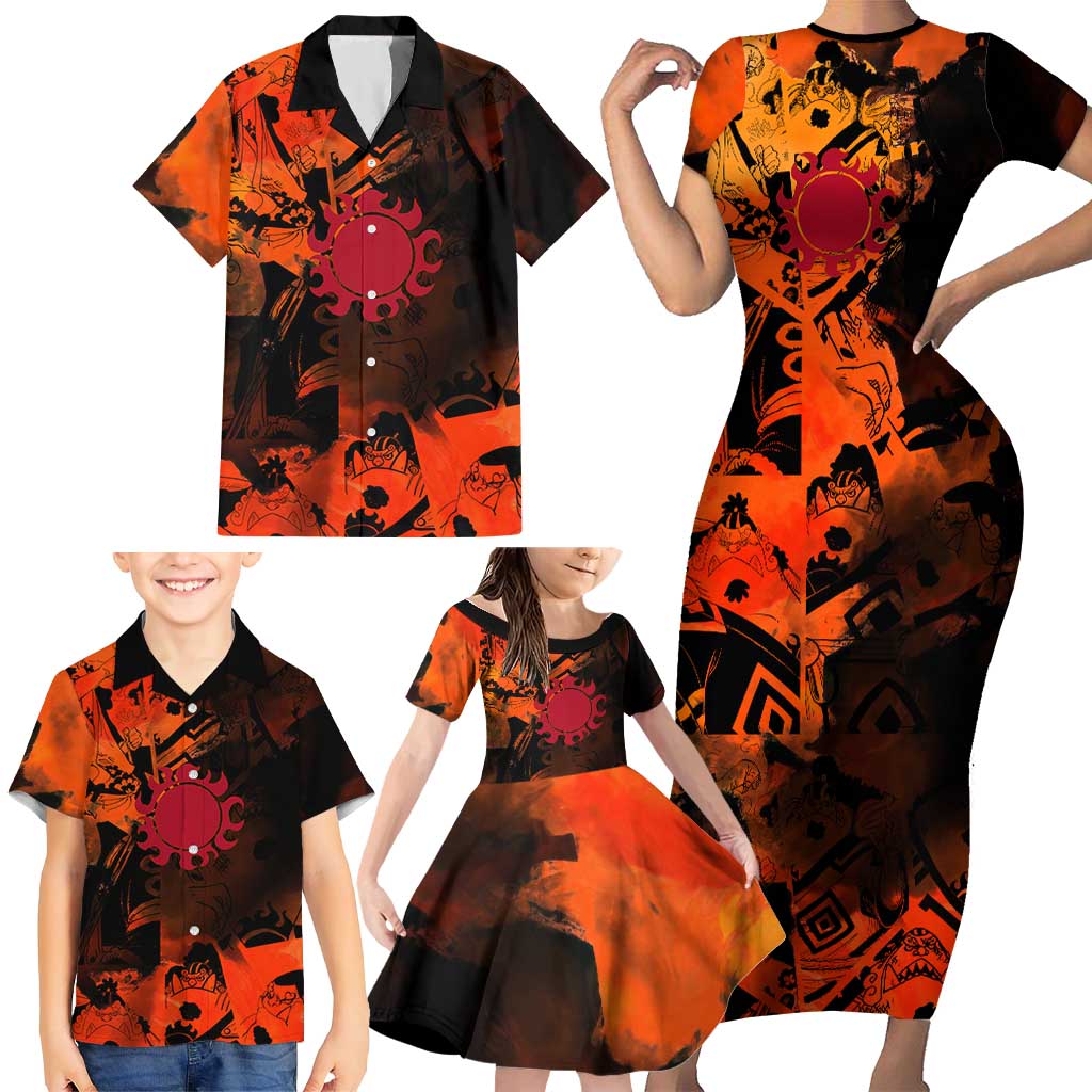 Jinbe One Piece Red and Black Theme Family Matching Short Sleeve Bodycon Dress and Hawaiian Shirt with Sun Pirates Emblem and Karate Pose Design