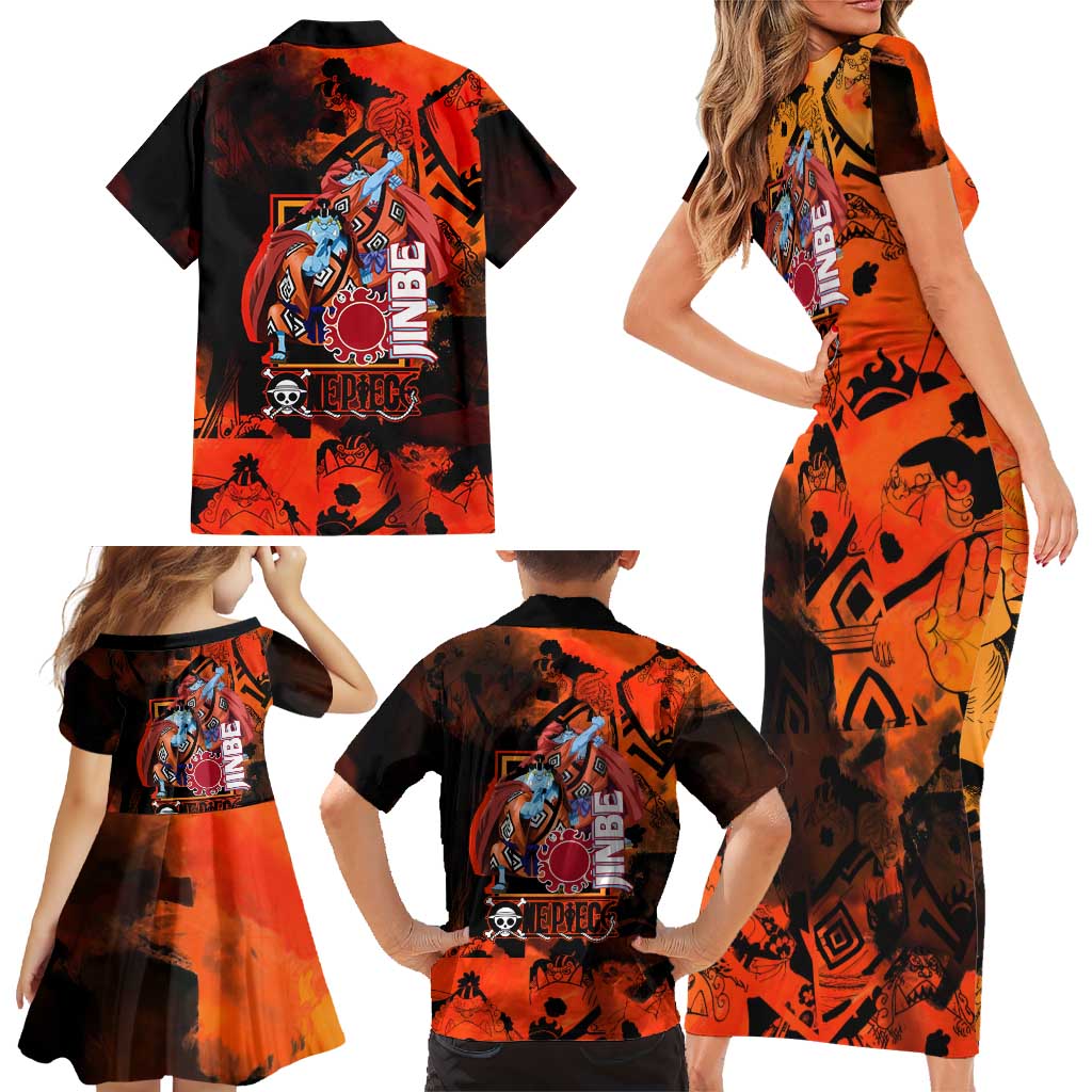 Jinbe One Piece Red and Black Theme Family Matching Short Sleeve Bodycon Dress and Hawaiian Shirt with Sun Pirates Emblem and Karate Pose Design
