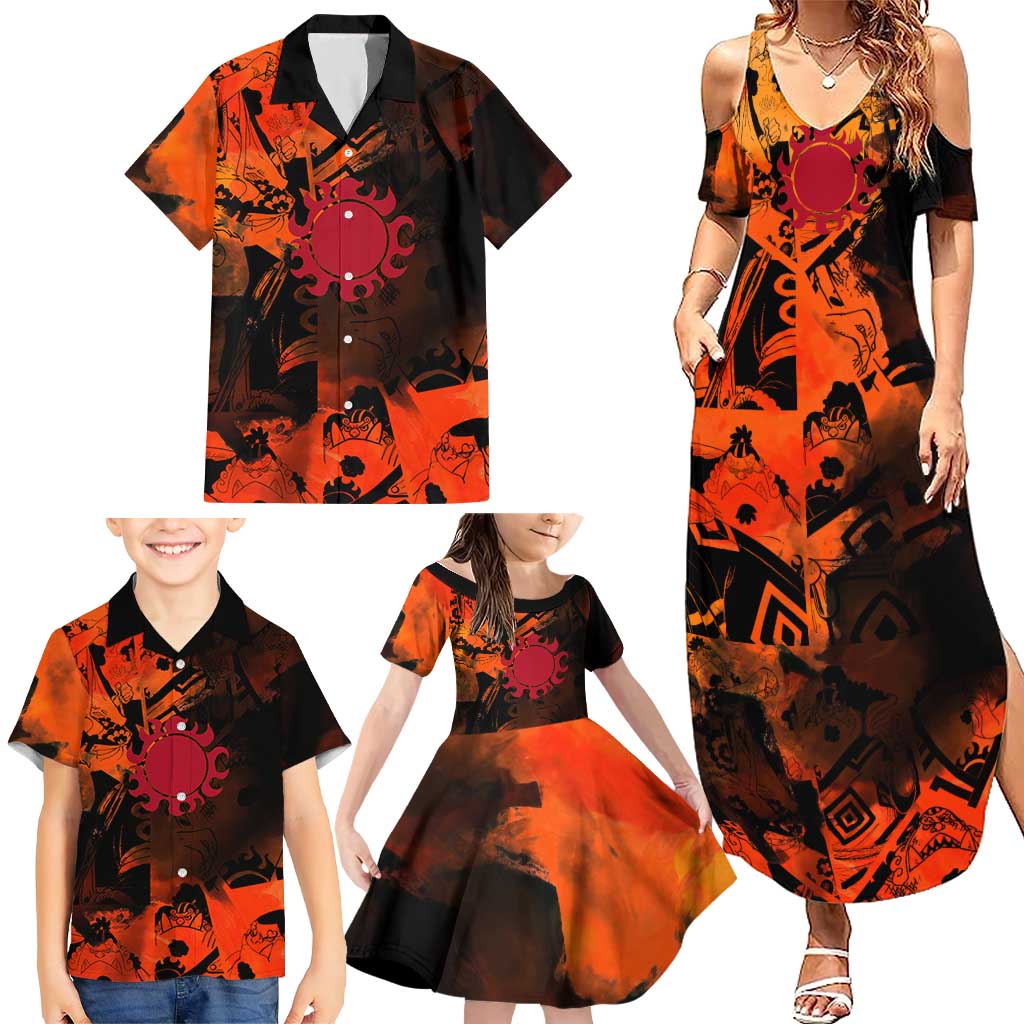 Jinbe One Piece Red and Black Theme Family Matching Summer Maxi Dress and Hawaiian Shirt with Sun Pirates Emblem and Karate Pose Design