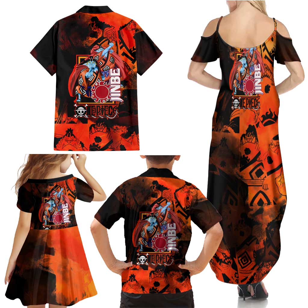 Jinbe One Piece Red and Black Theme Family Matching Summer Maxi Dress and Hawaiian Shirt with Sun Pirates Emblem and Karate Pose Design