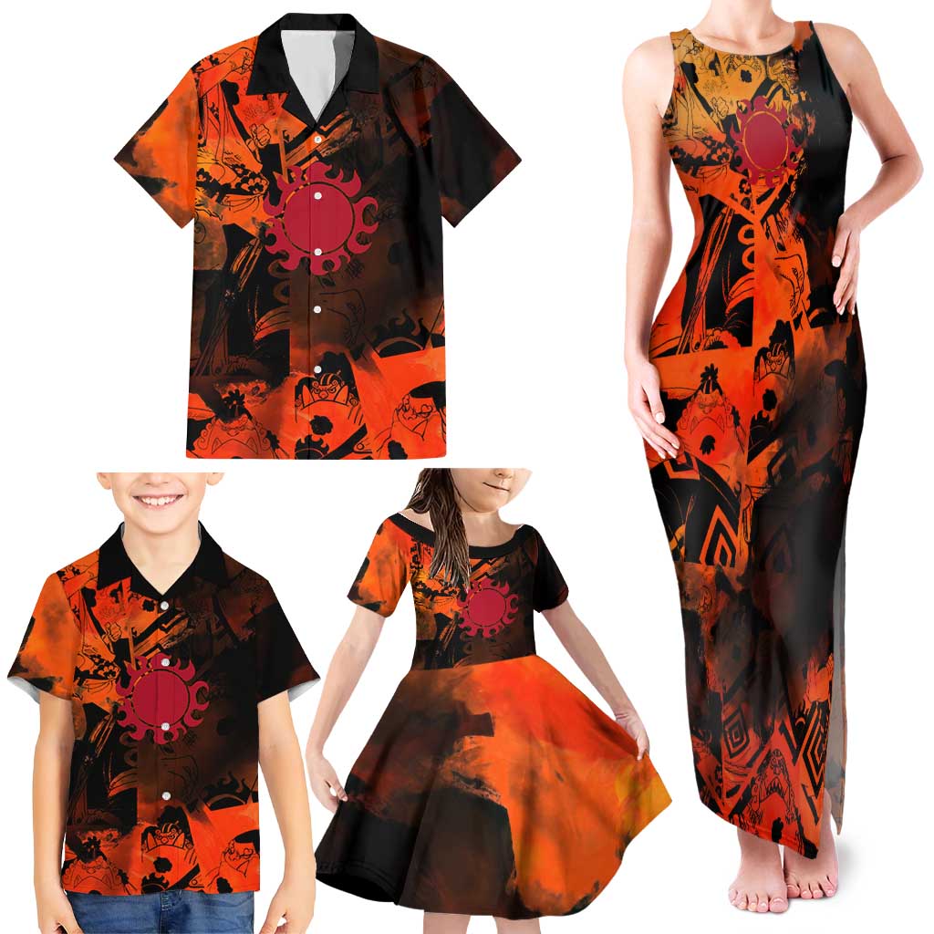Jinbe One Piece Red and Black Theme Family Matching Tank Maxi Dress and Hawaiian Shirt with Sun Pirates Emblem and Karate Pose Design