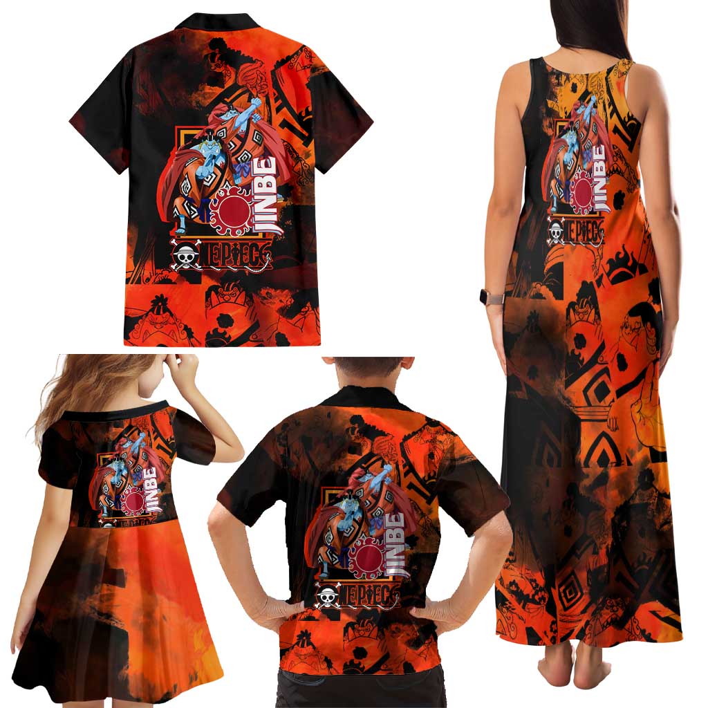Jinbe One Piece Red and Black Theme Family Matching Tank Maxi Dress and Hawaiian Shirt with Sun Pirates Emblem and Karate Pose Design
