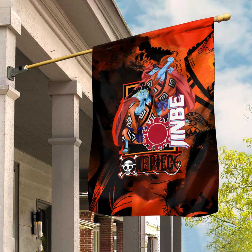 Jinbe One Piece Red and Black Theme Garden Flag with Sun Pirates Emblem and Karate Pose Design - The Mazicc